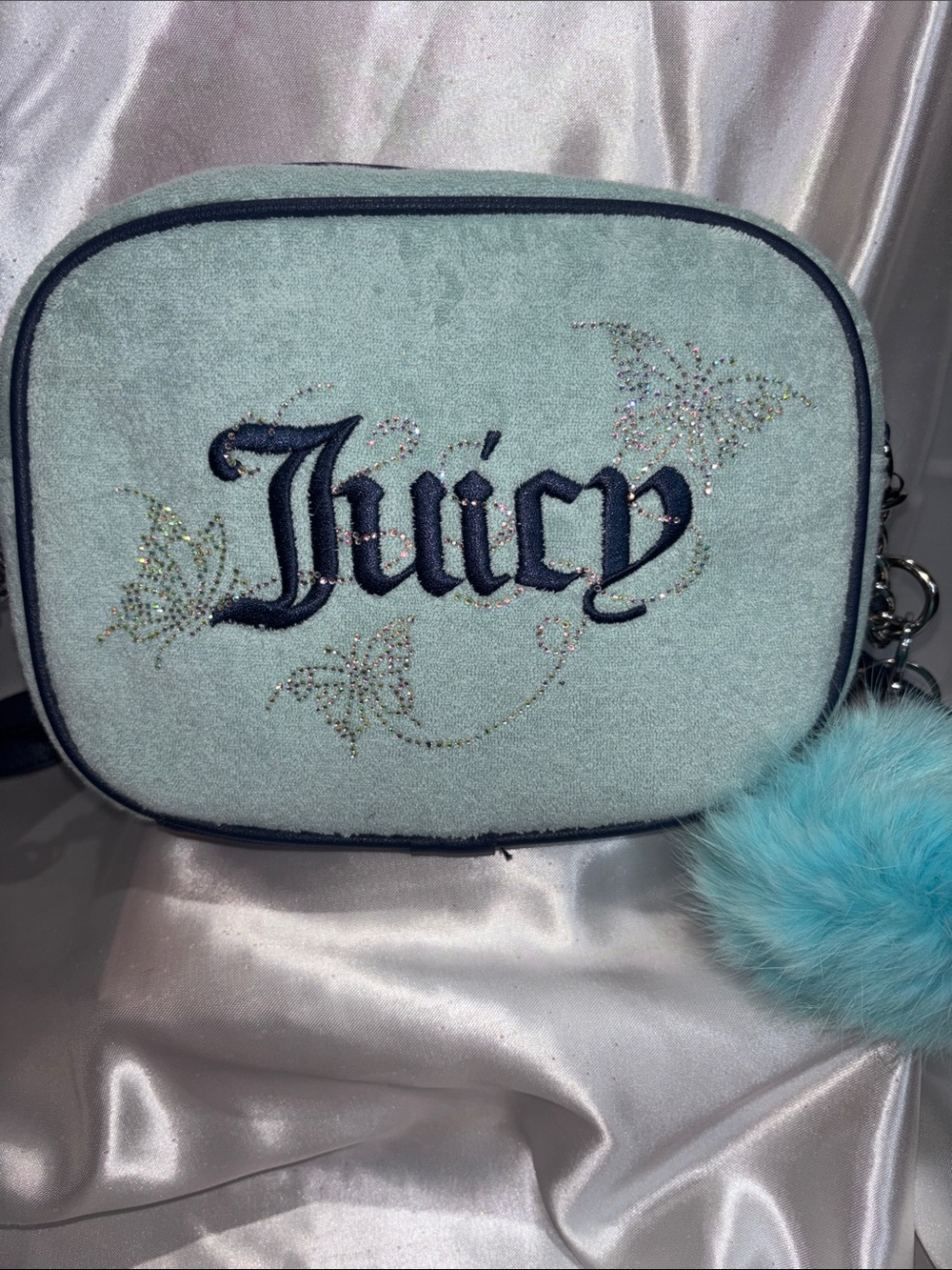 Juicy Couture Butterfly Rhinestone Aqua  Crossbody Bag with Blue Pom Pom
